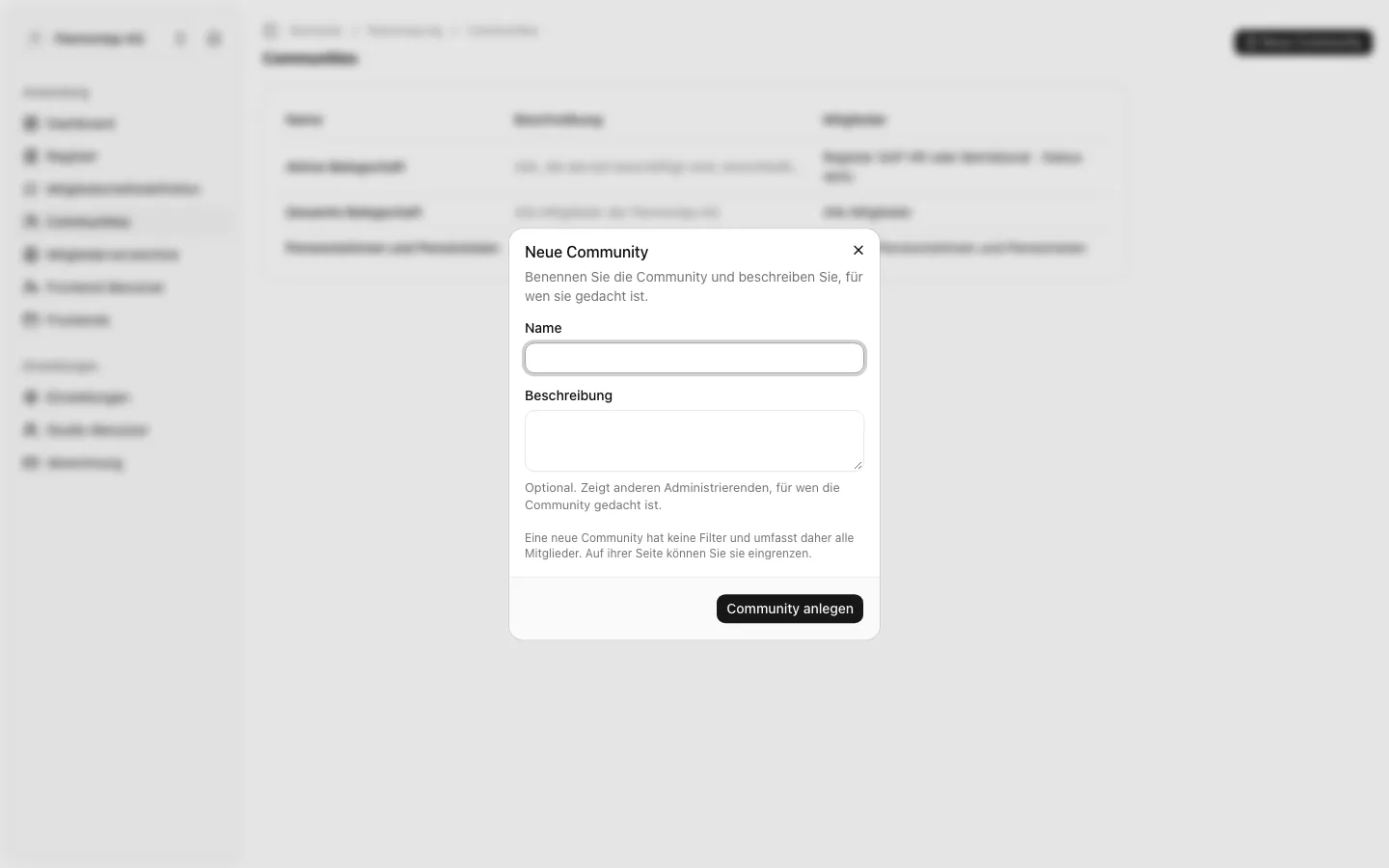 Der Dialog „Neue Community“ mit dem Namen und der optionalen Beschreibung