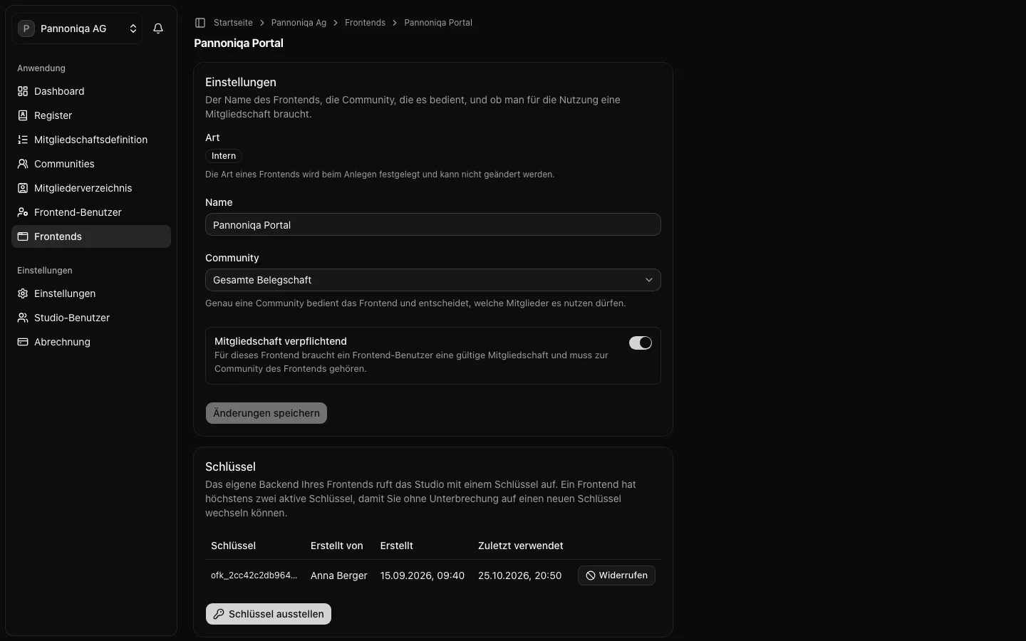 Die Studio-Seite des Frontends Pannoniqa Portal mit der Community Gesamte Belegschaft und eingeschalteter verpflichtender Mitgliedschaft