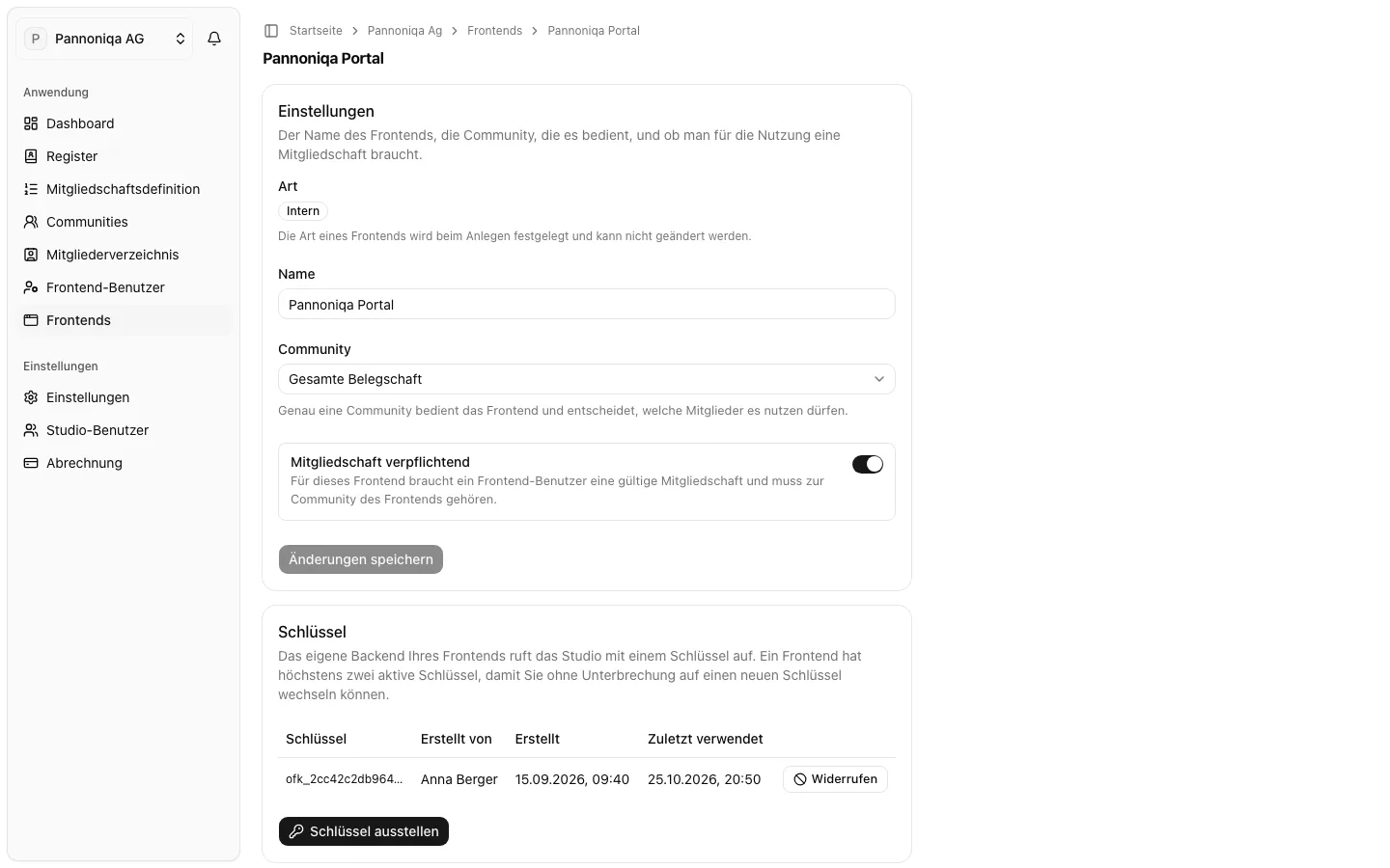 Die Studio-Seite des Frontends Pannoniqa Portal mit der Community Gesamte Belegschaft und eingeschalteter verpflichtender Mitgliedschaft
