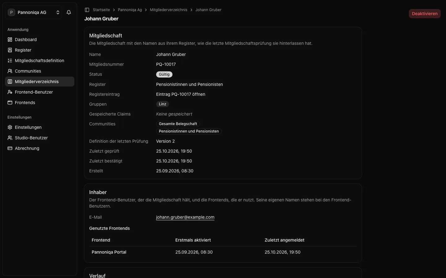 Die Seite von Johann Gruber, Mitgliedsnummer PQ-10017: gültig, Register Pensionistinnen und Pensionisten, Gruppe Linz, Communities Gesamte Belegschaft und Pensionistinnen und Pensionisten, E-Mail des Inhabers und das Pannoniqa Portal als genutztes Frontend