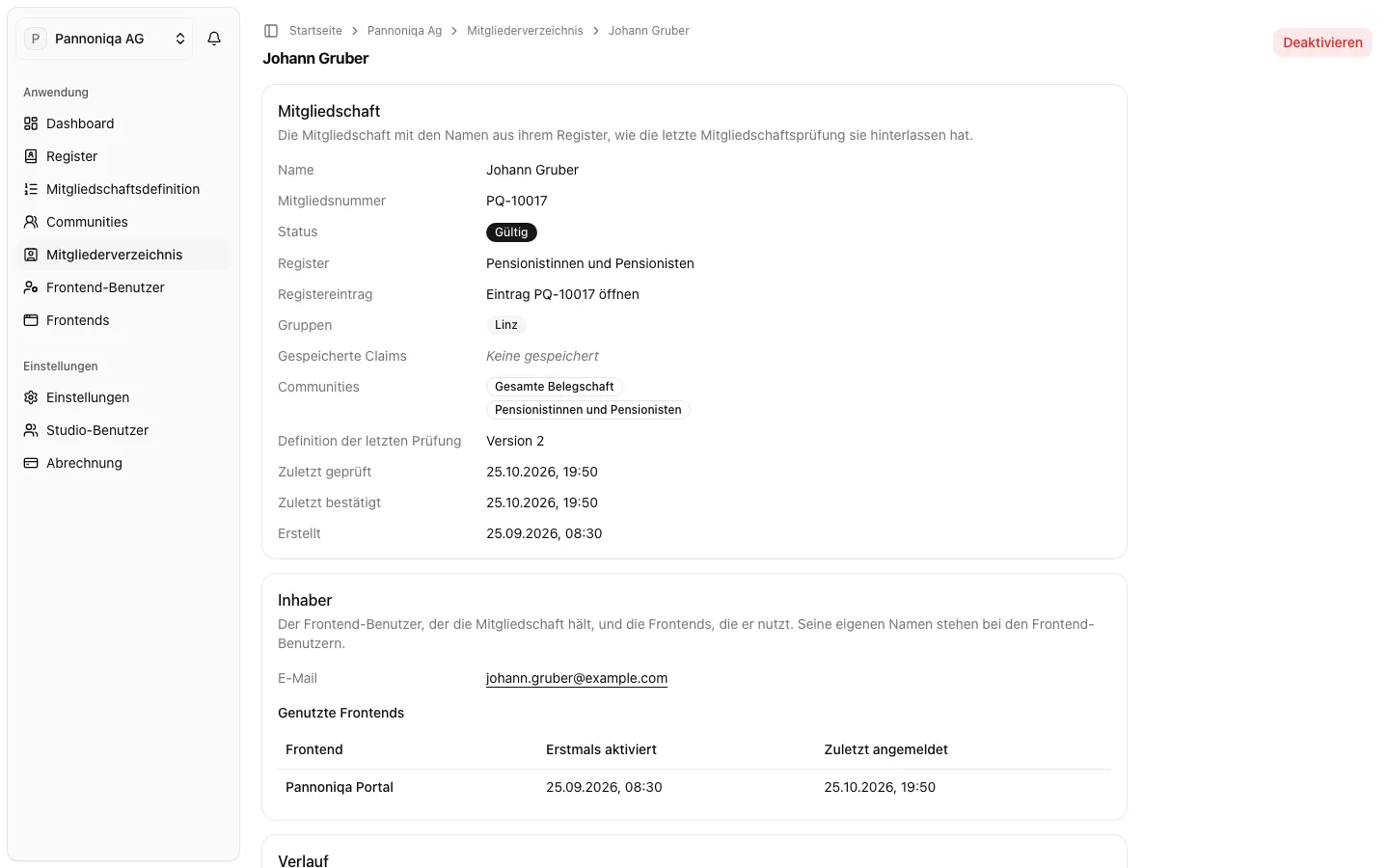 Die Seite von Johann Gruber, Mitgliedsnummer PQ-10017: gültig, Register Pensionistinnen und Pensionisten, Gruppe Linz, Communities Gesamte Belegschaft und Pensionistinnen und Pensionisten, E-Mail des Inhabers und das Pannoniqa Portal als genutztes Frontend