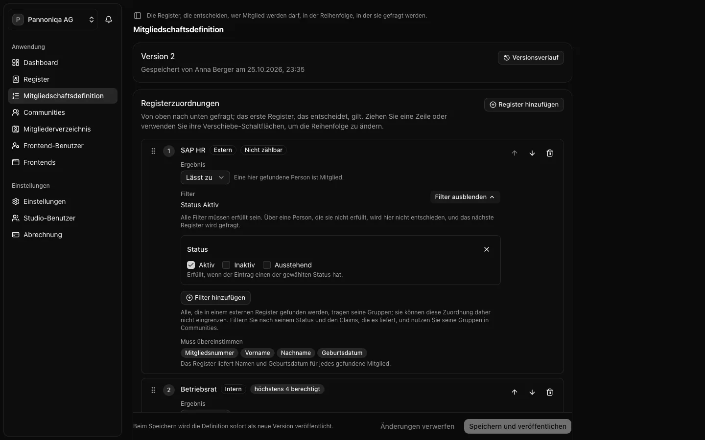 Die Registerzuordnung SAP HR mit geöffneten Filtern: die Bedingung Status mit Aktiv gewählt, die Schaltfläche „Filter hinzufügen“ und was übereinstimmen muss