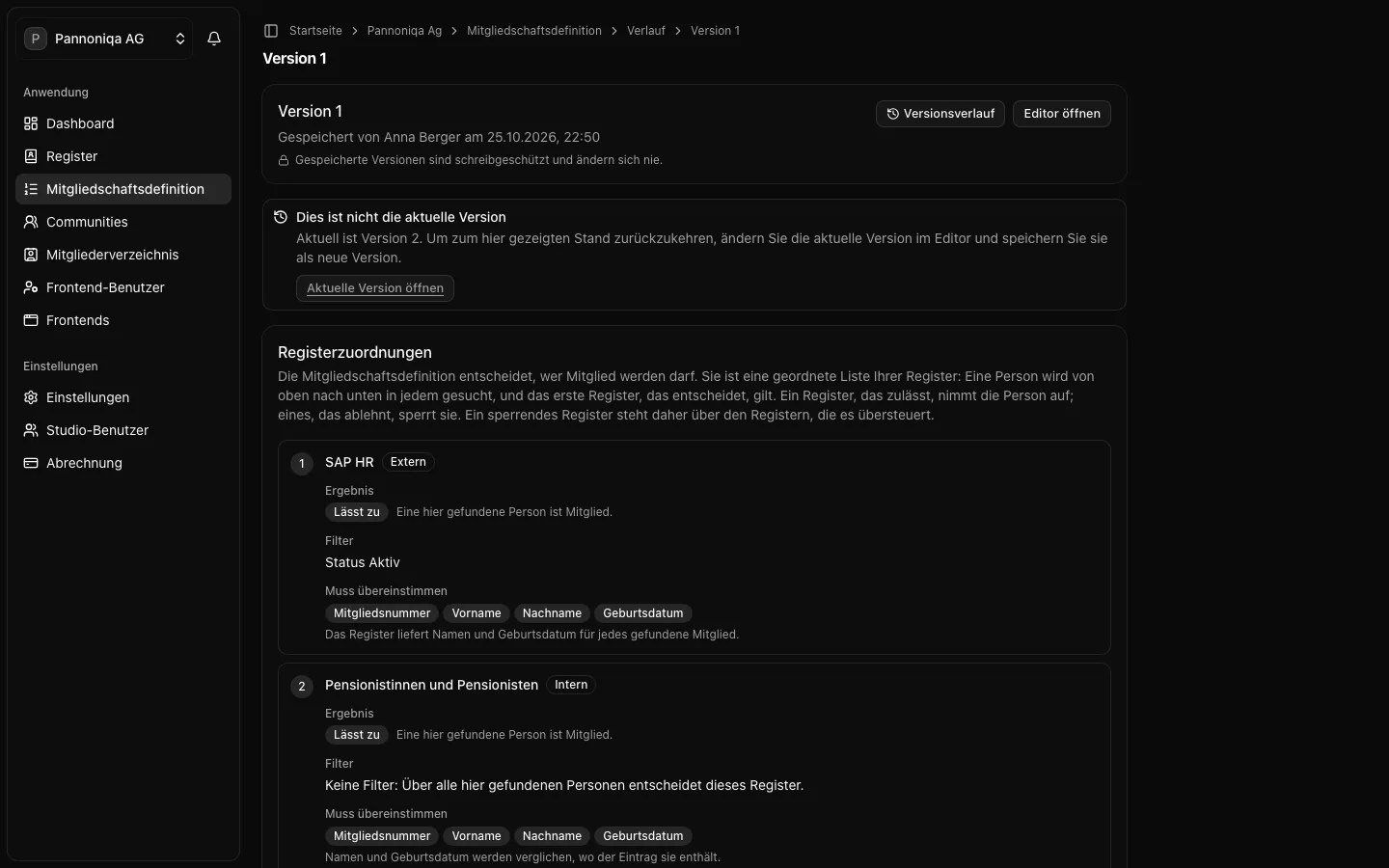 Version 1 der Mitgliedschaftsdefinition der Pannoniqa AG, schreibgeschützt, mit SAP HR und Pensionistinnen und Pensionisten