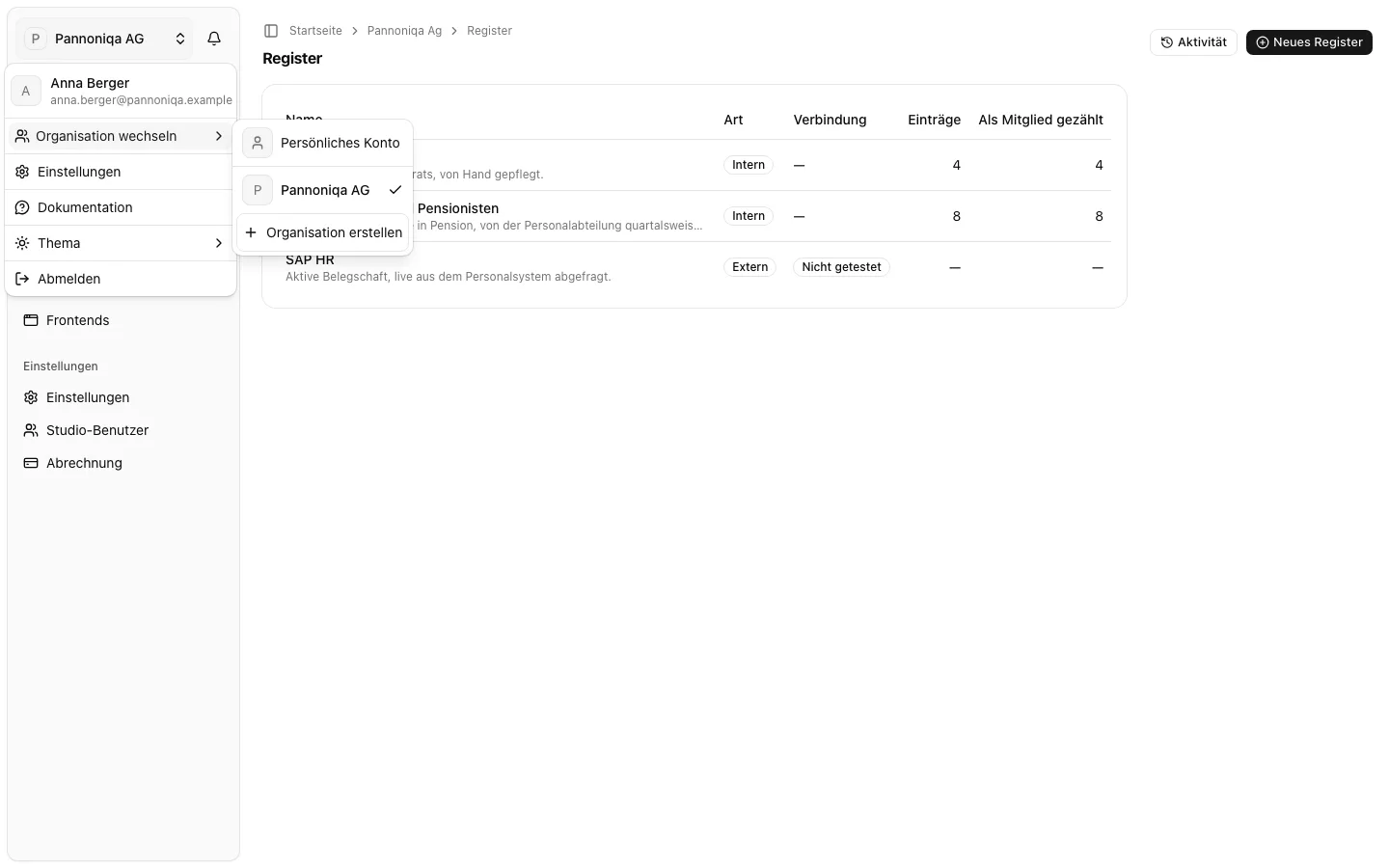 Das Menü oben in der Seitenleiste, geöffnet bei „Organisation wechseln“, mit Persönliches Konto, Pannoniqa AG und Organisation erstellen