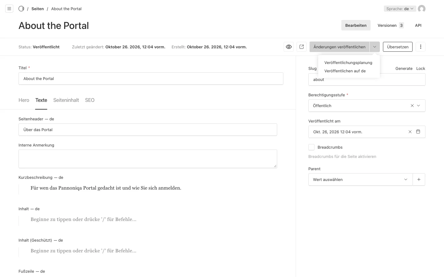 Die Seite About the Portal mit geöffnetem Menü neben Änderungen veröffentlichen, mit Veröffentlichungsplanung und Veröffentlichen auf de