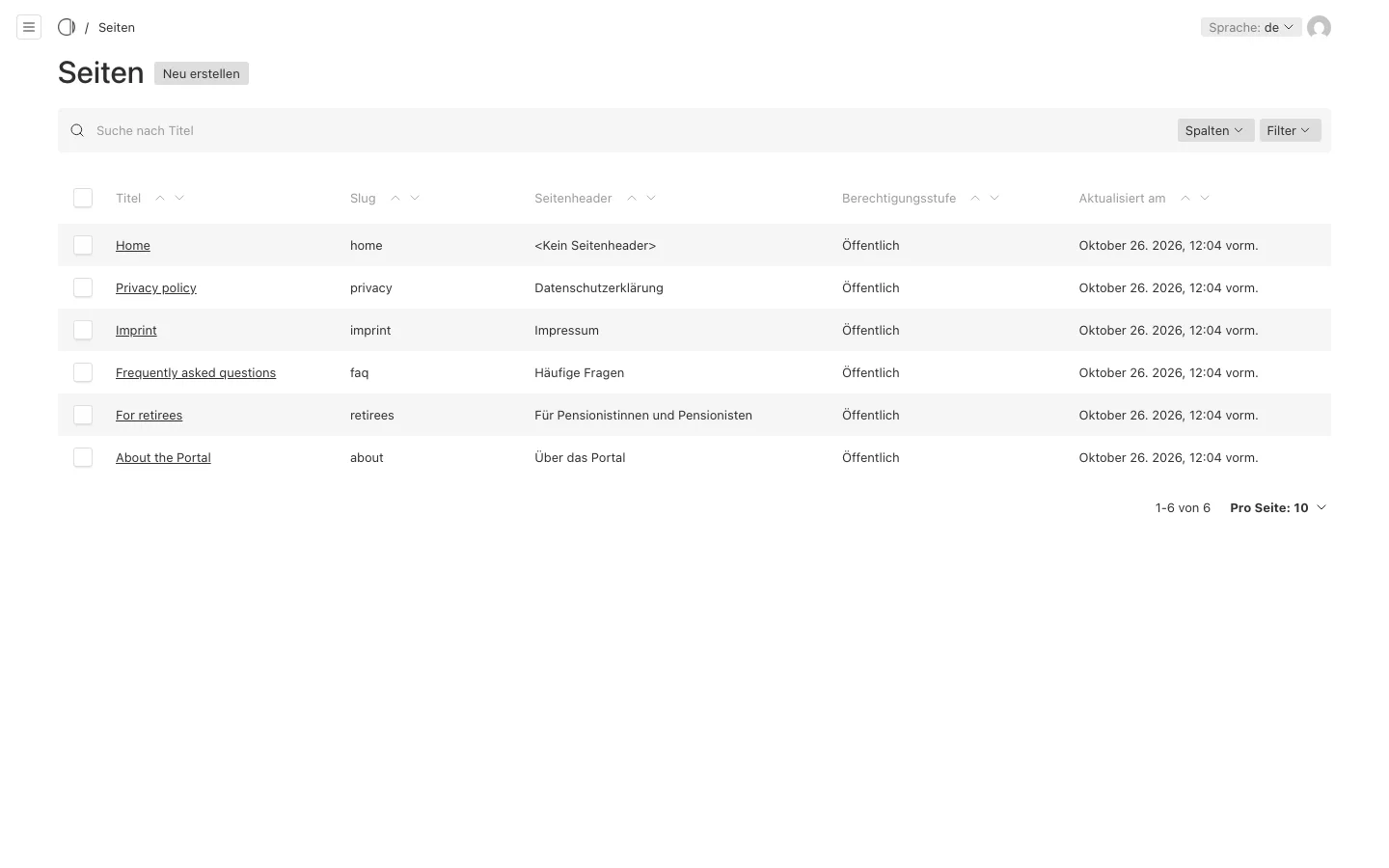 Die Liste der Seiten in der Portal-Verwaltung: Home, Privacy policy, Imprint, Frequently asked questions, For retirees und About the Portal mit ihren deutschen Seitenheadern