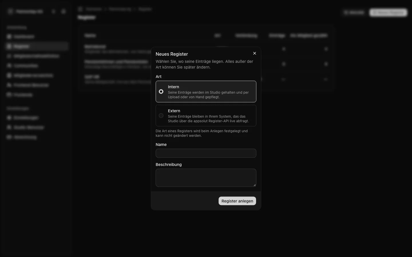 Der Dialog „Neues Register“ mit den Arten Intern und Extern, dem Namen und der Beschreibung
