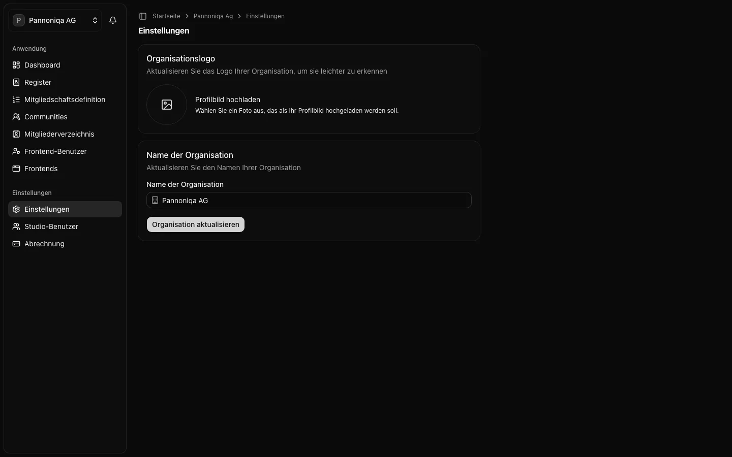 Die Seite „Einstellungen“ der Pannoniqa AG mit Organisationslogo und Namen der Organisation