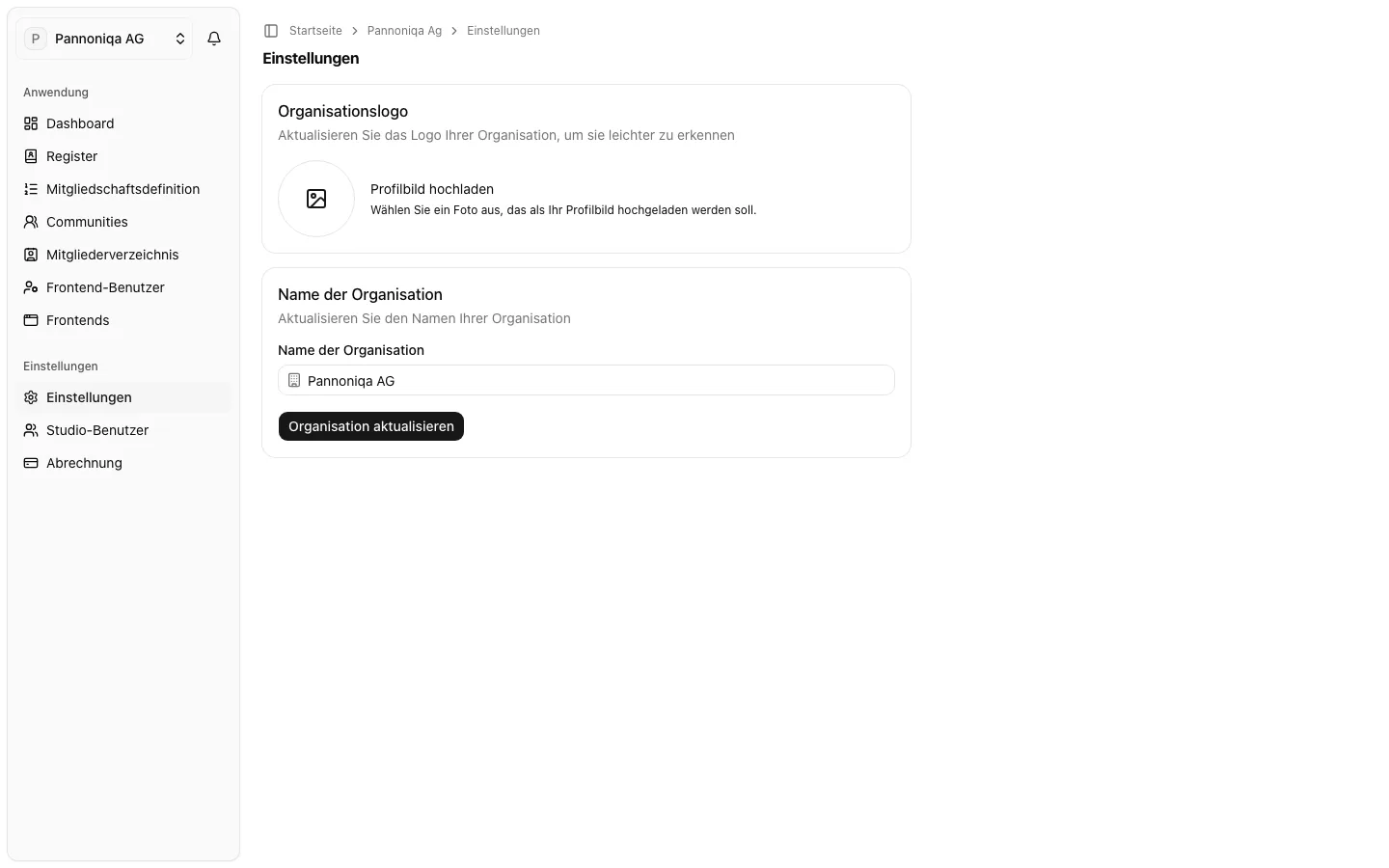 Die Seite „Einstellungen“ der Pannoniqa AG mit Organisationslogo und Namen der Organisation