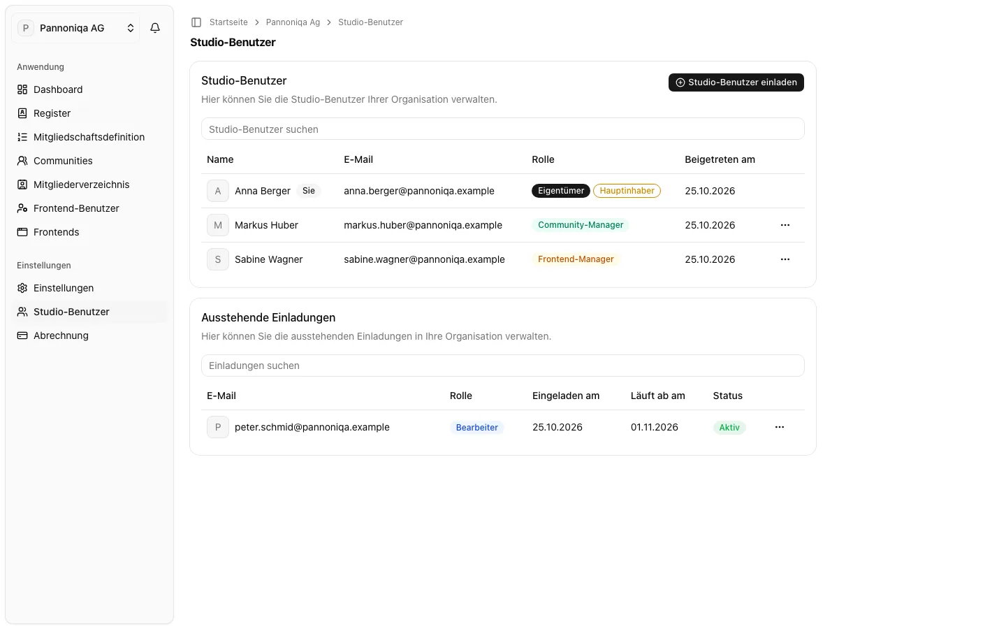 Die Seite „Studio-Benutzer“ der Pannoniqa AG mit Anna Berger als Eigentümerin, Markus Huber als Community-Manager und Sabine Wagner als Frontend-Managerin