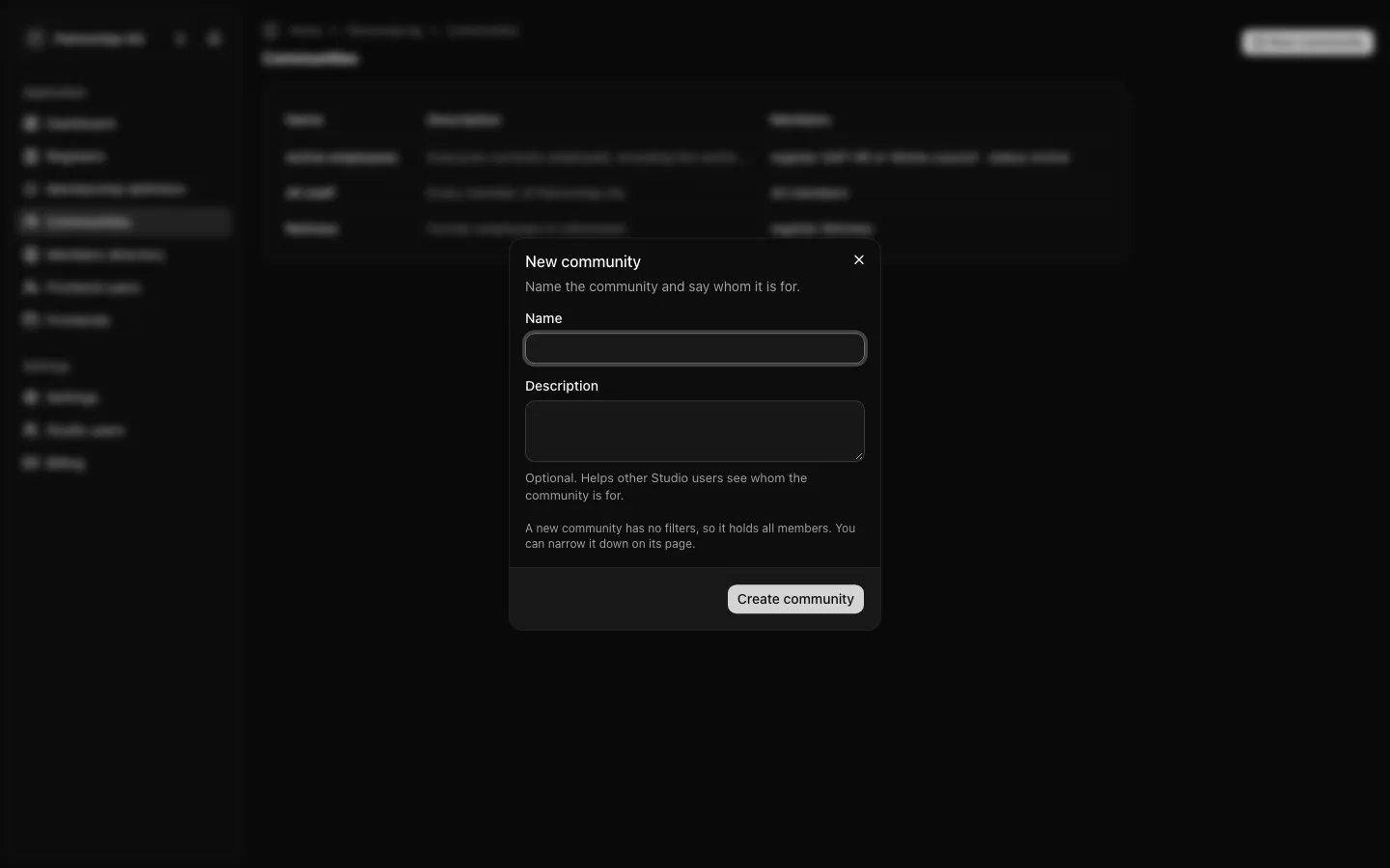 The New community dialog with the name and the optional description