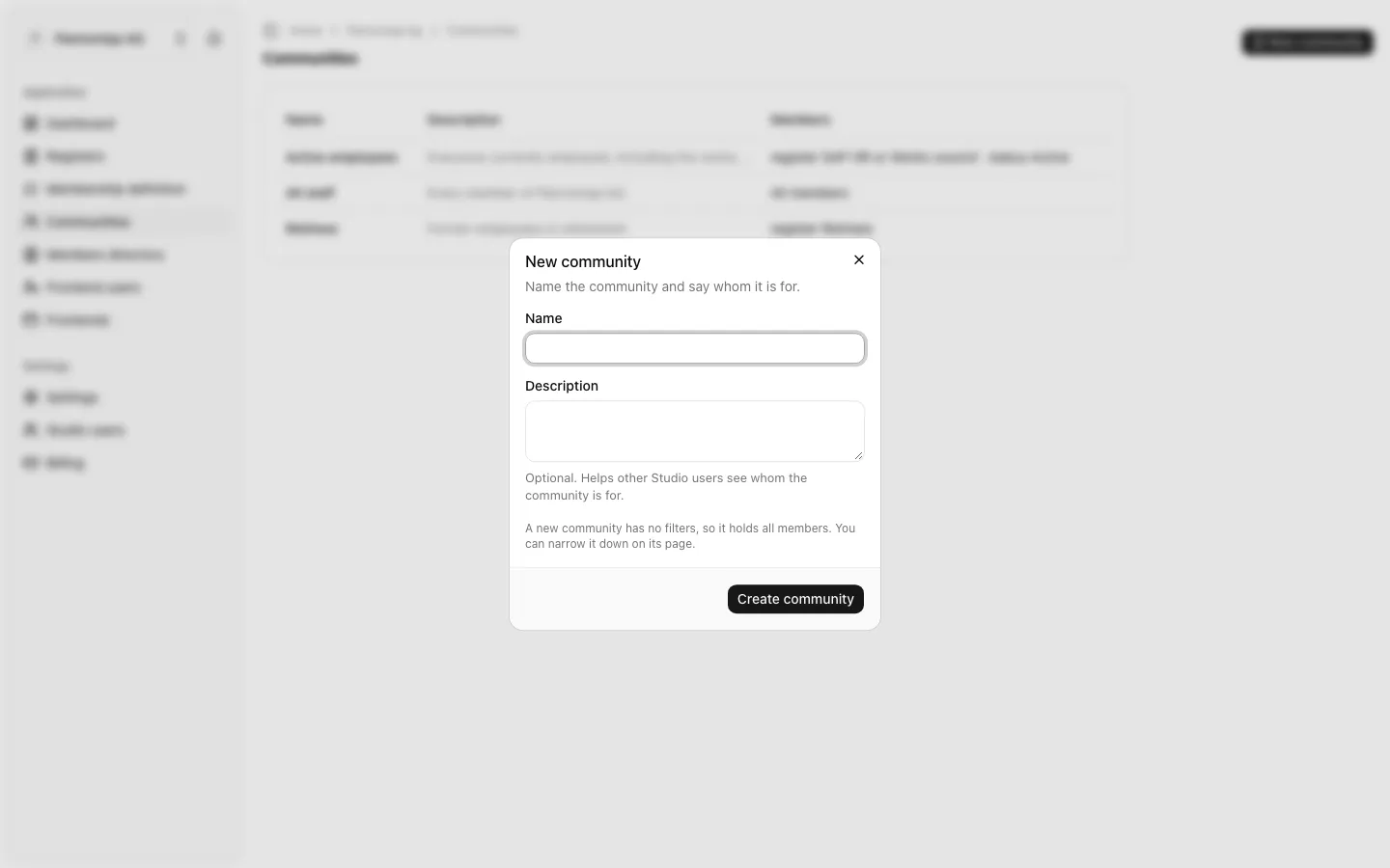 The New community dialog with the name and the optional description