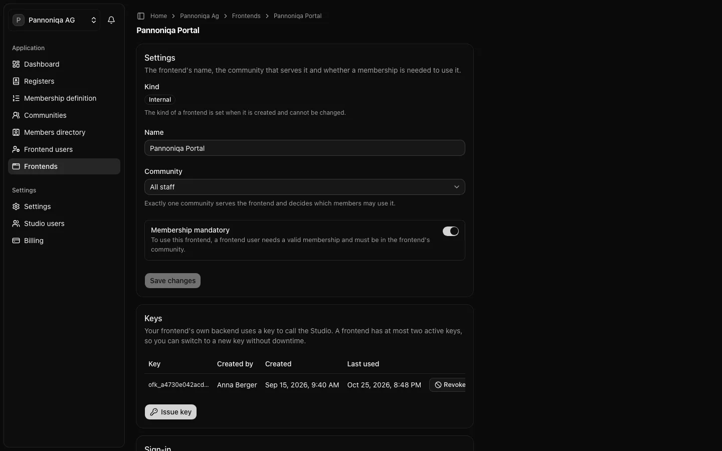 The Studio page of the frontend Pannoniqa Portal, with the community All staff and Membership mandatory switched on