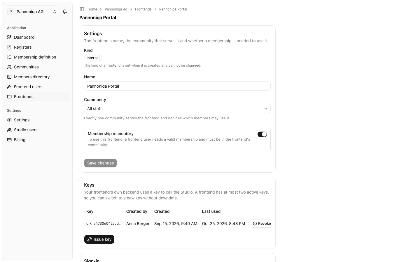 The Studio page of the frontend Pannoniqa Portal, with the community All staff and Membership mandatory switched on