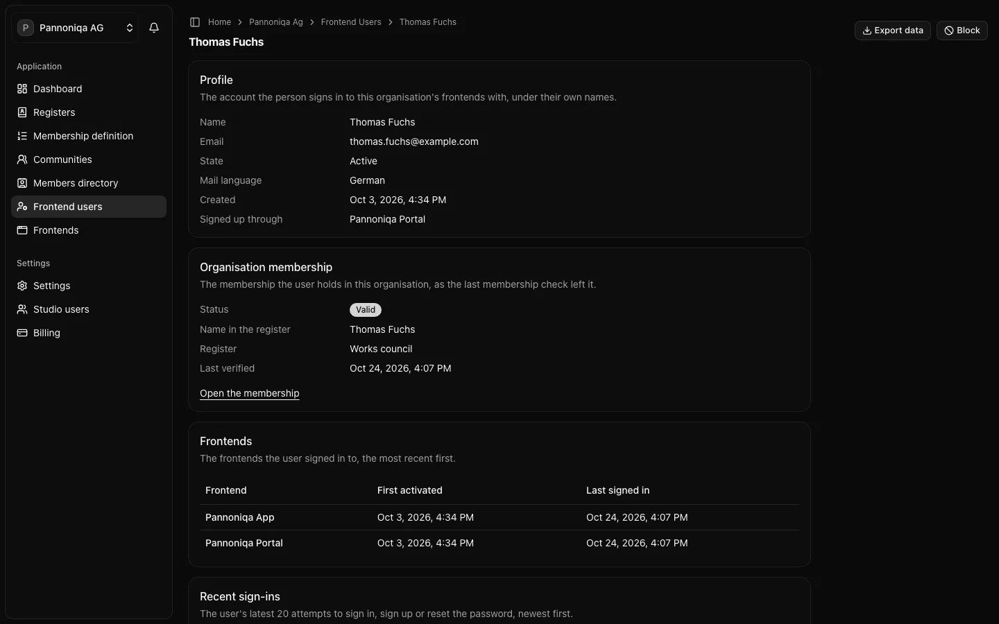 The page of the frontend user Thomas Fuchs with his profile, organisation membership, frontends and recent sign-ins
