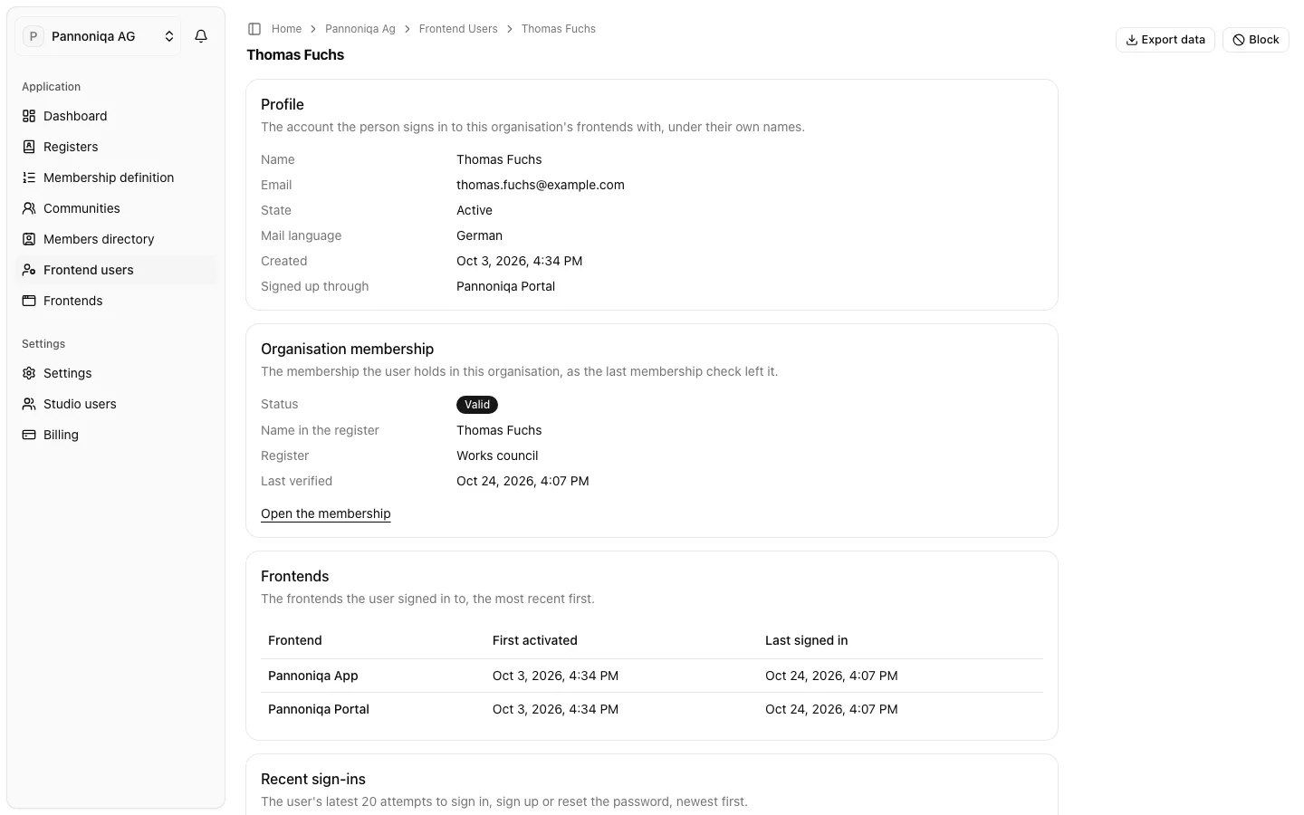 The page of the frontend user Thomas Fuchs with his profile, organisation membership, frontends and recent sign-ins