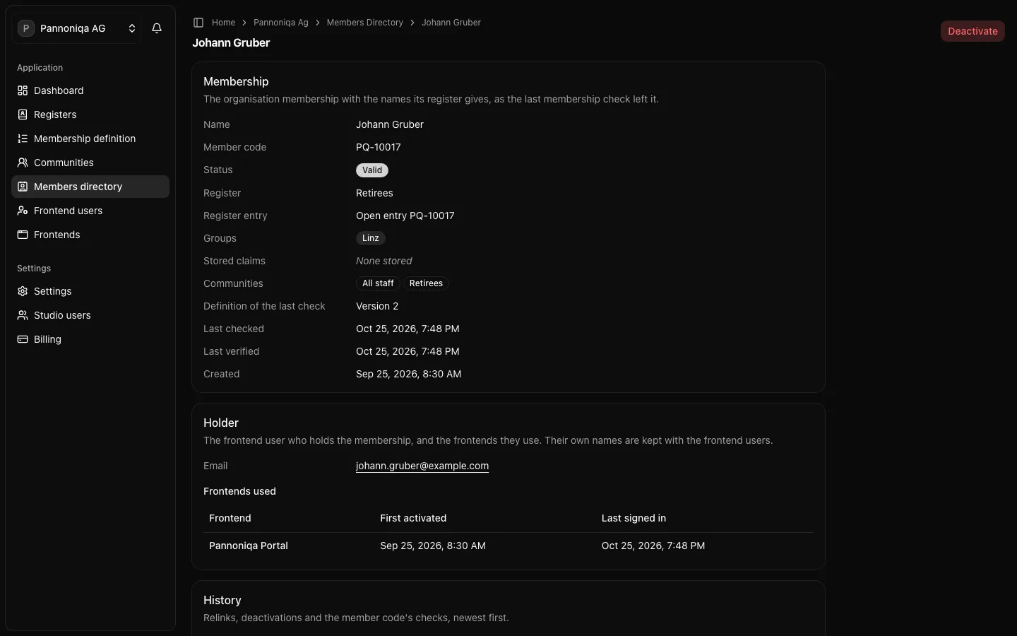 The page of Johann Gruber, member code PQ-10017: valid, register Retirees, group Linz, communities All staff and Retirees, holder email and the Pannoniqa Portal as frontend used