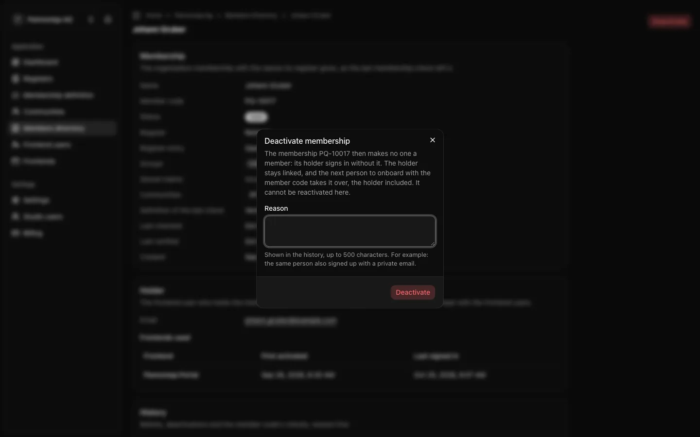 The Deactivate membership dialog on Johann Gruber's page, asking for a reason