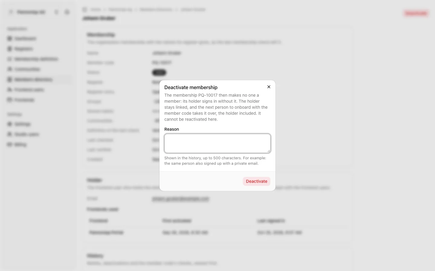 The Deactivate membership dialog on Johann Gruber's page, asking for a reason