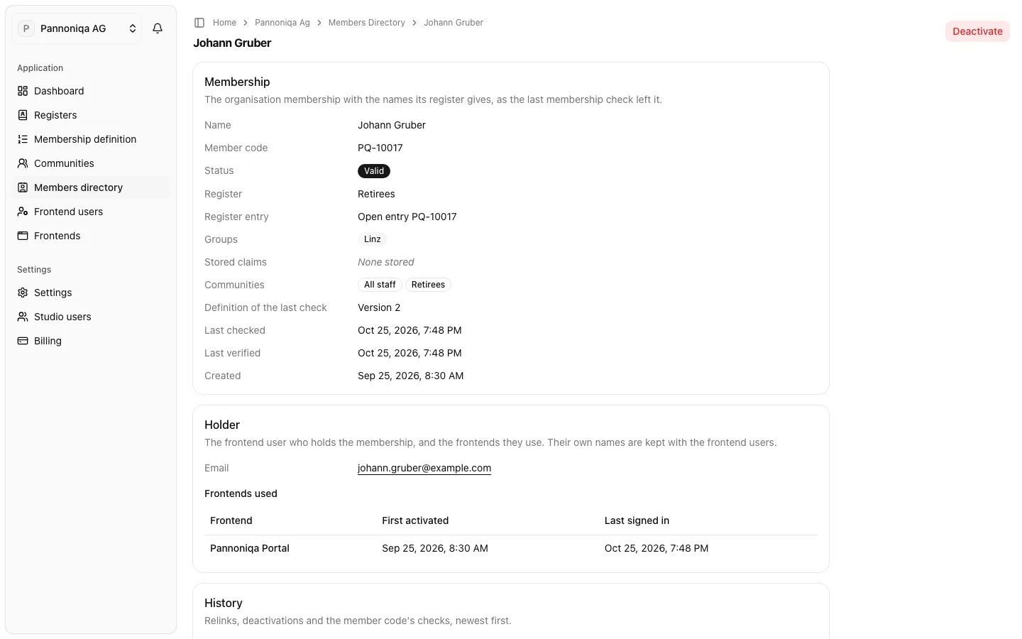 The page of Johann Gruber, member code PQ-10017: valid, register Retirees, group Linz, communities All staff and Retirees, holder email and the Pannoniqa Portal as frontend used