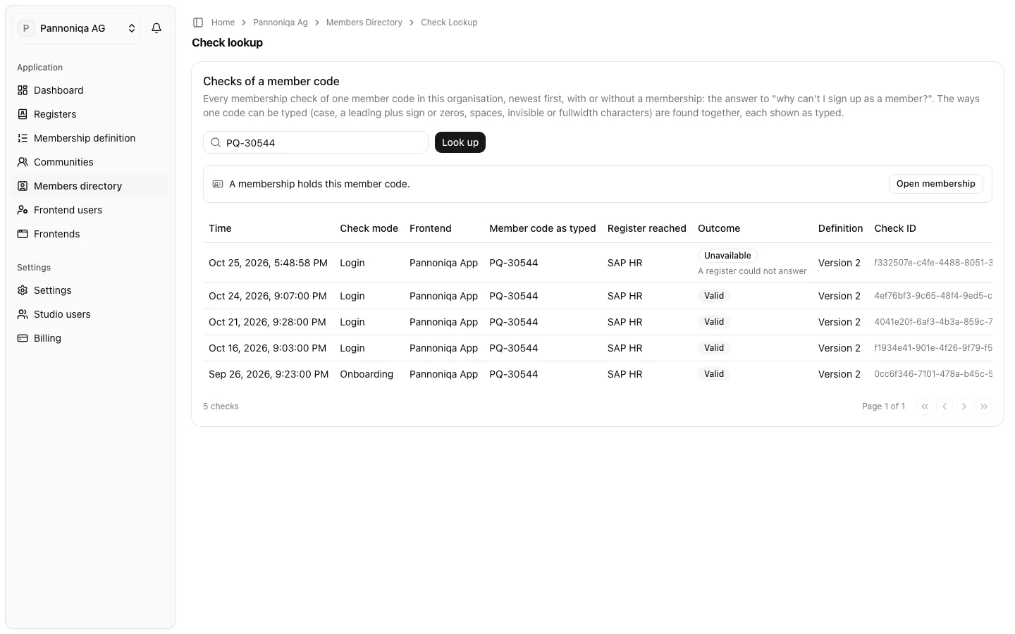 The check lookup for member code PQ-30544: a membership holds it, and five checks are listed, the latest unavailable because SAP HR could not answer
