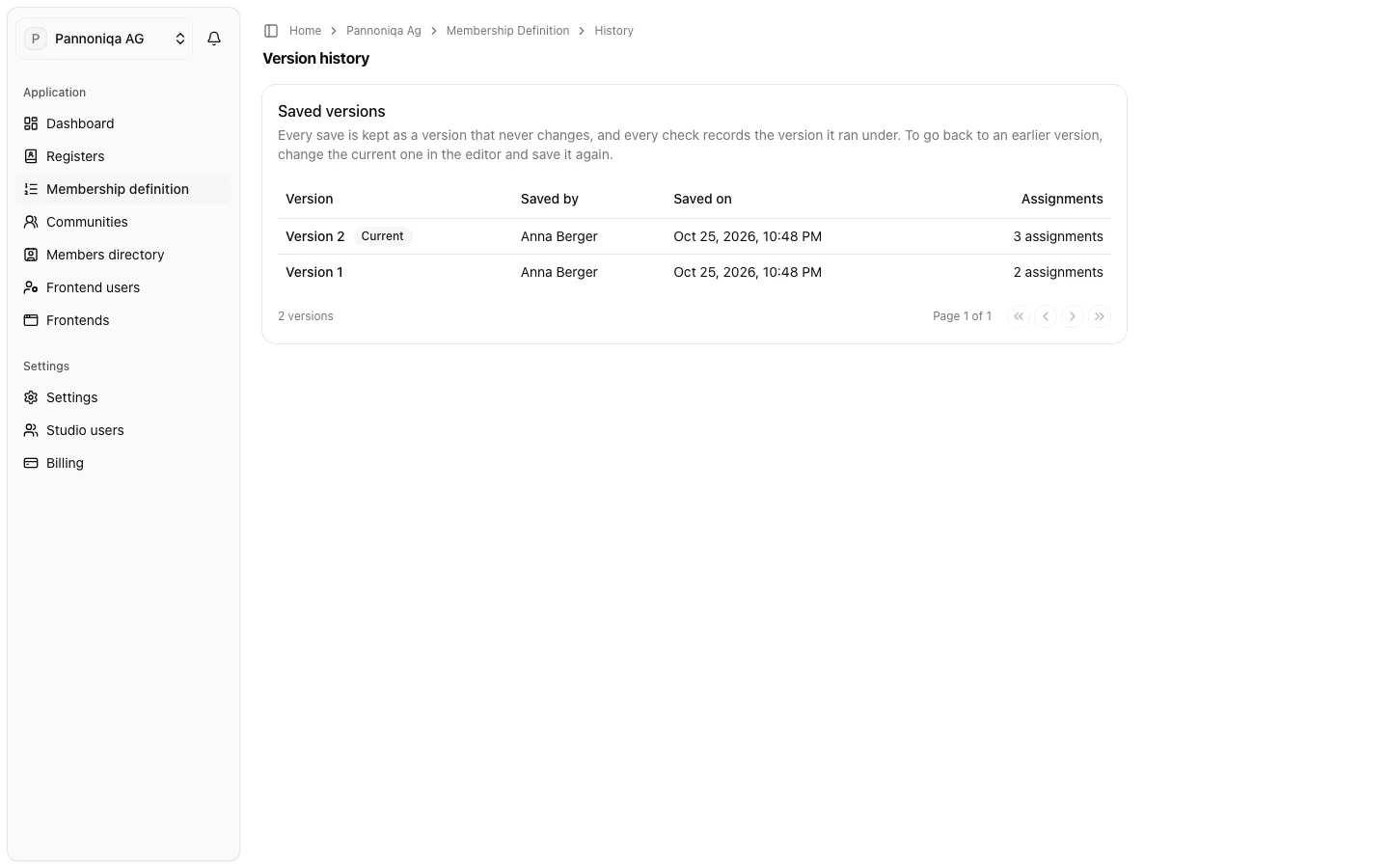 The version history of Pannoniqa AG's membership definition with versions 1 and 2, who saved them and when, and the number of assignments
