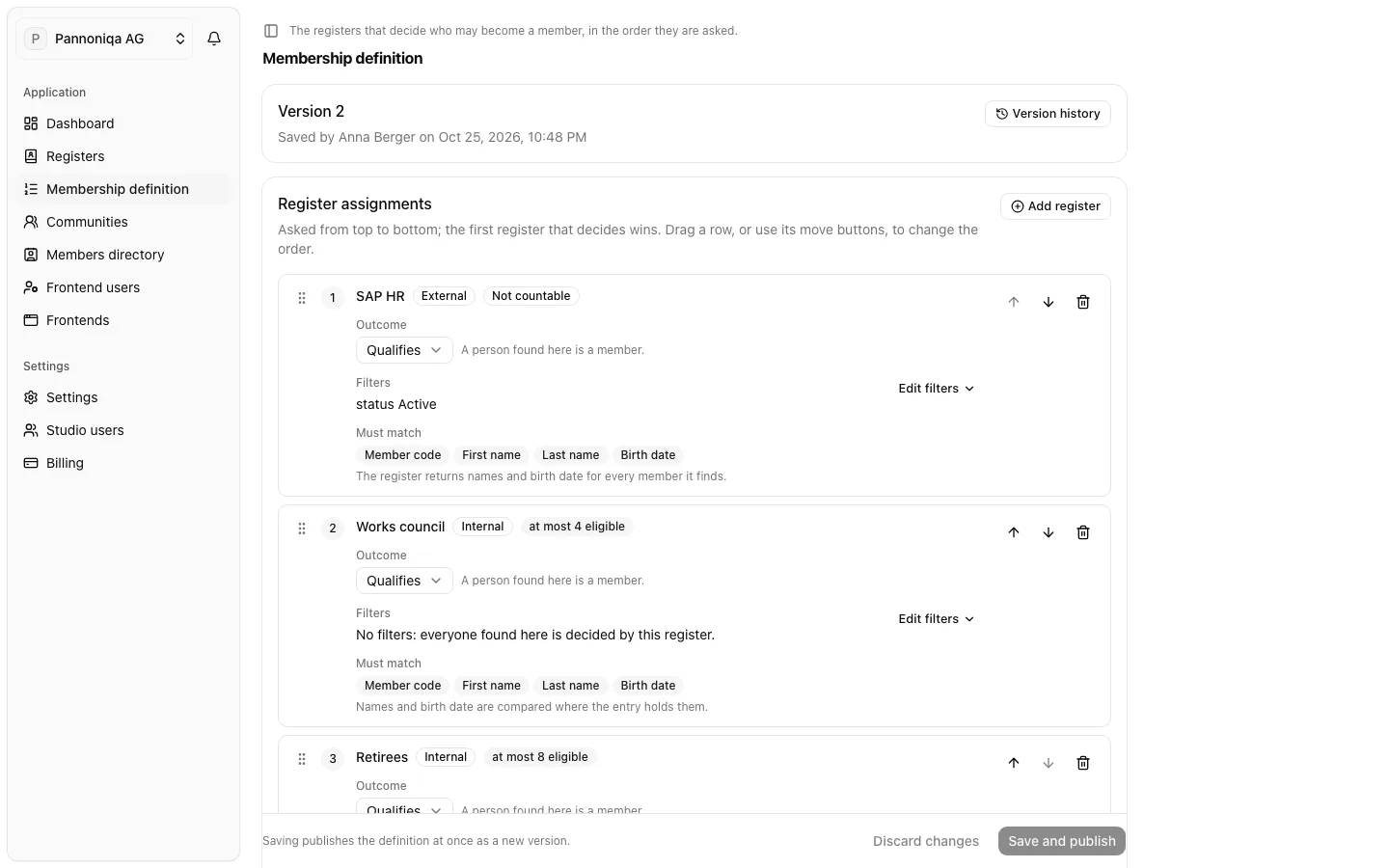 The membership definition of Pannoniqa AG, version 2, with the register assignments SAP HR, Works council and Retirees, each with its outcome and filters
