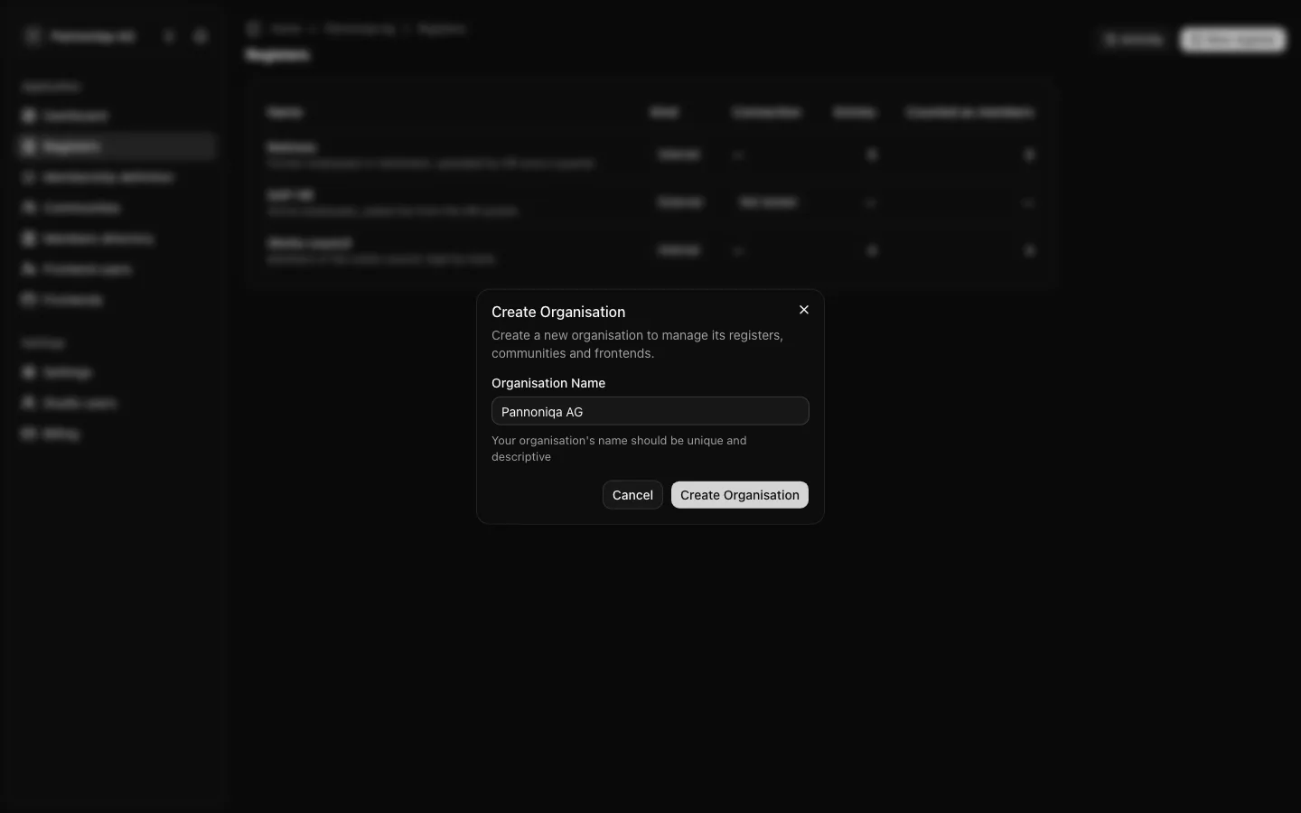 The Create Organisation dialog with the organisation name Pannoniqa AG