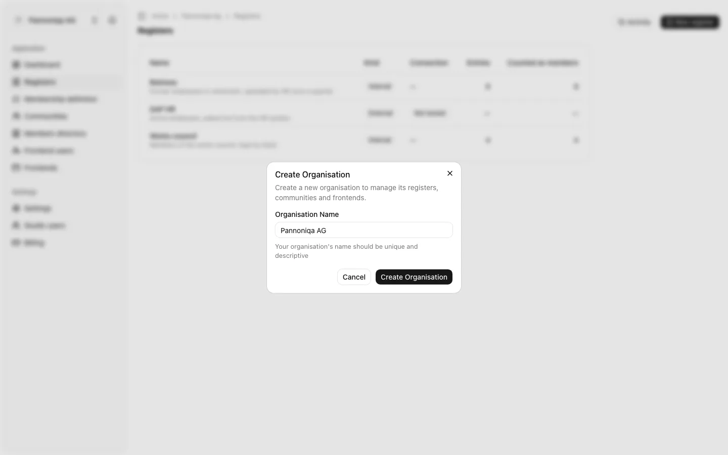 The Create Organisation dialog with the organisation name Pannoniqa AG