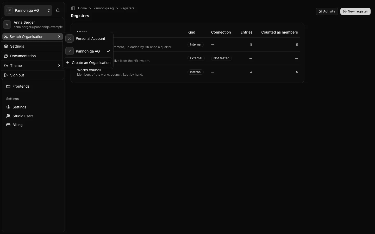 The menu at the top of the sidebar, opened at Switch Organisation, with Personal Account, Pannoniqa AG and Create an Organisation