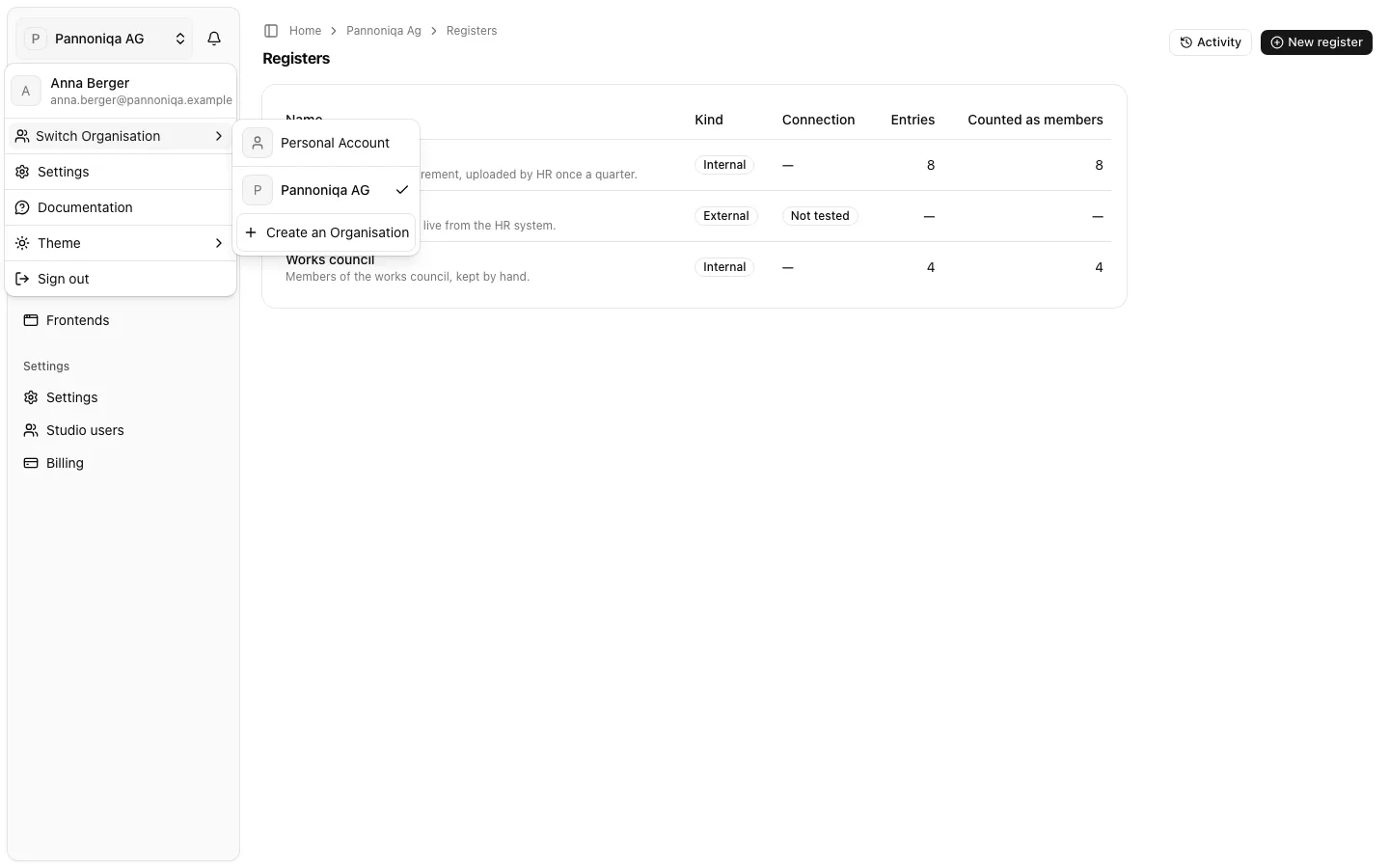 The menu at the top of the sidebar, opened at Switch Organisation, with Personal Account, Pannoniqa AG and Create an Organisation