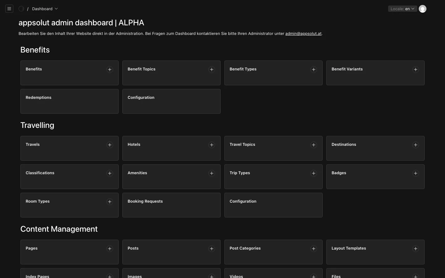 The dashboard of the Portal's admin, with the groups Benefits, Travelling and Content Management