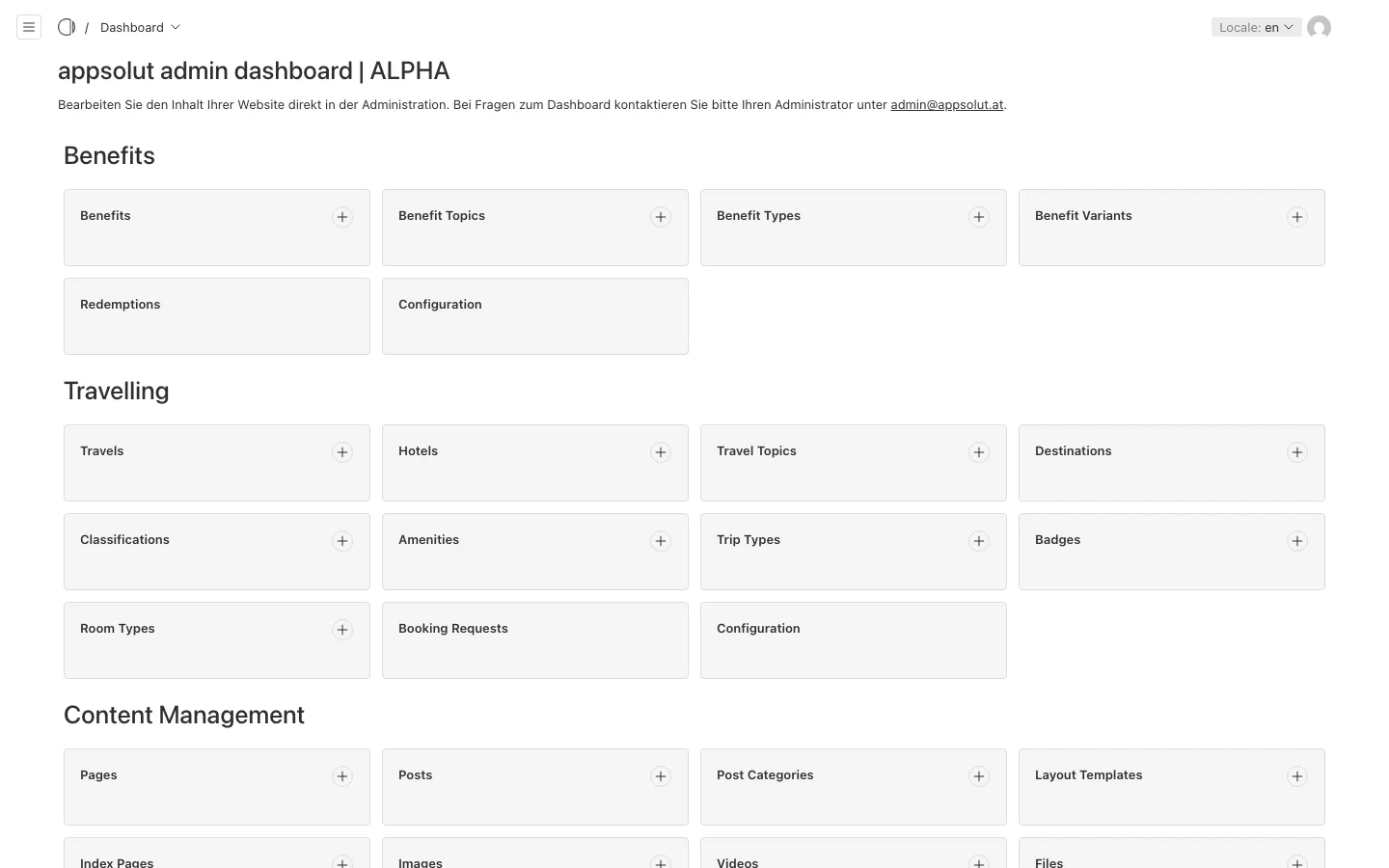 The dashboard of the Portal's admin, with the groups Benefits, Travelling and Content Management