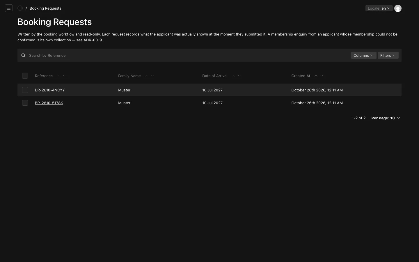 The list of Booking Requests, with their references, family names and arrival dates