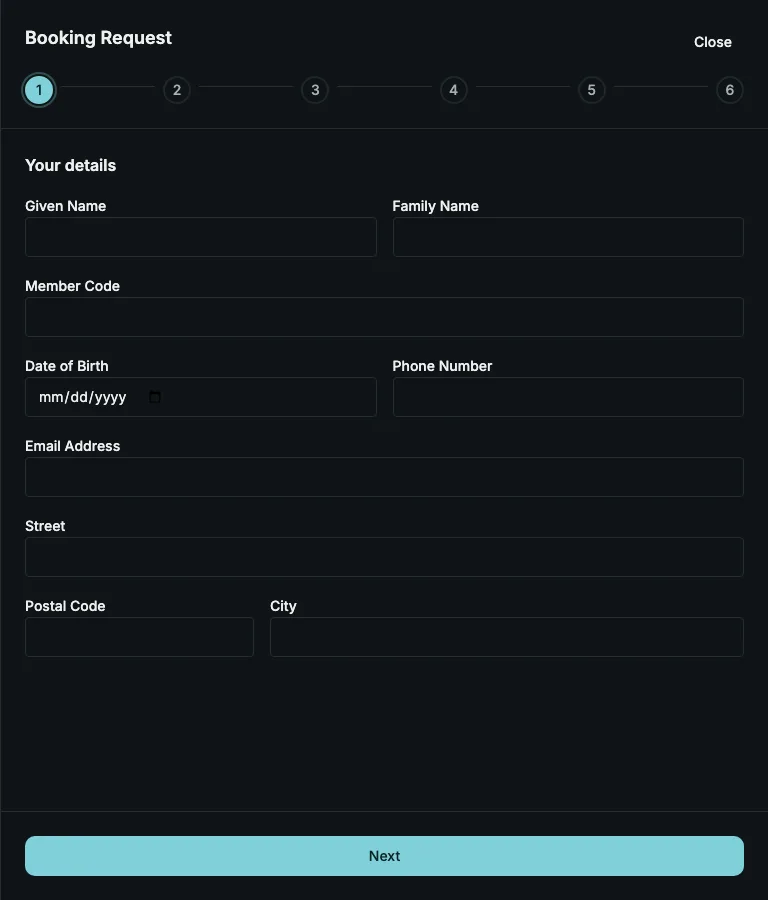 The first step of a booking request, Your details, with the fields for name, member code, date of birth and address