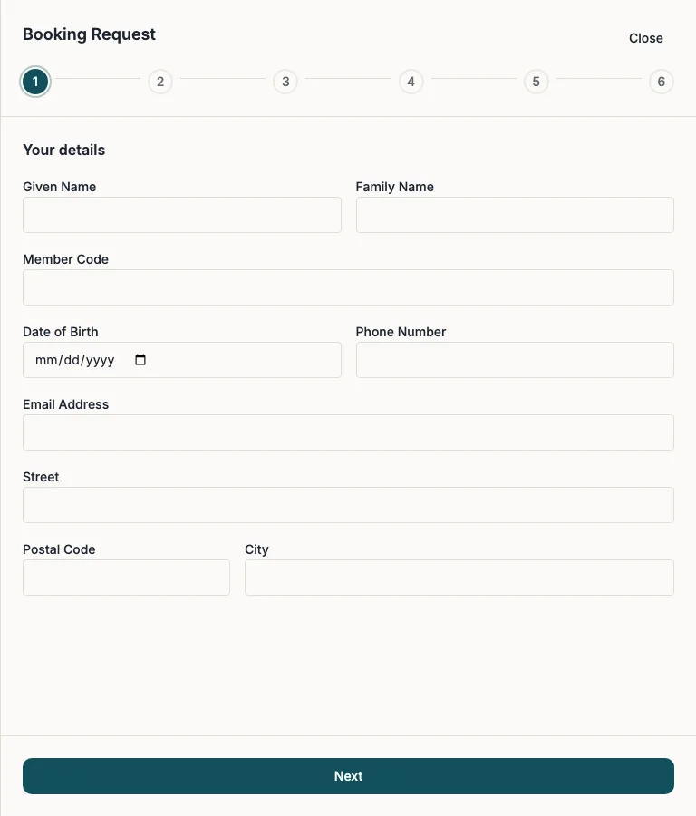 The first step of a booking request, Your details, with the fields for name, member code, date of birth and address