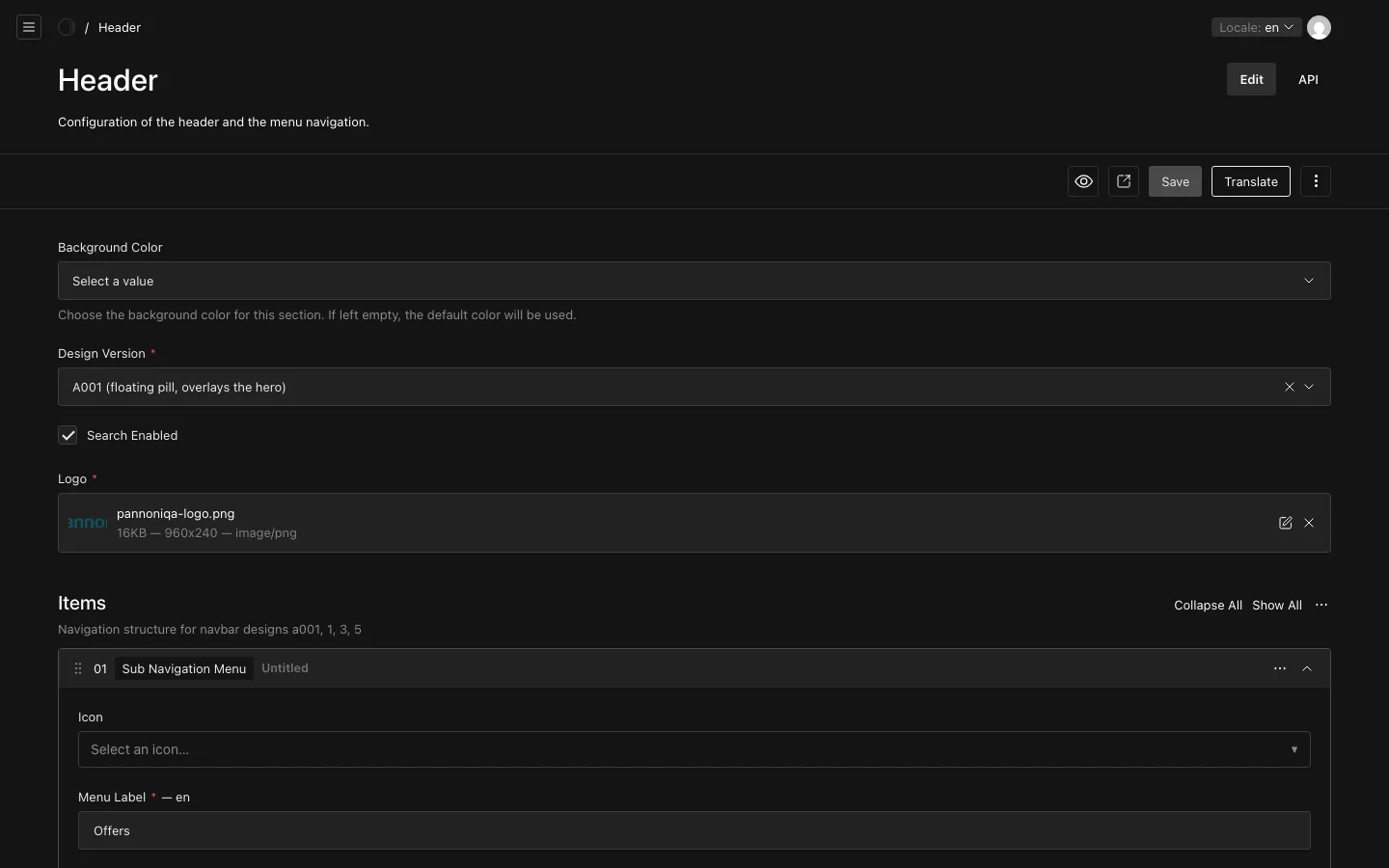 The Header settings of the Pannoniqa Portal: design version, search, logo and the first menu item Offers
