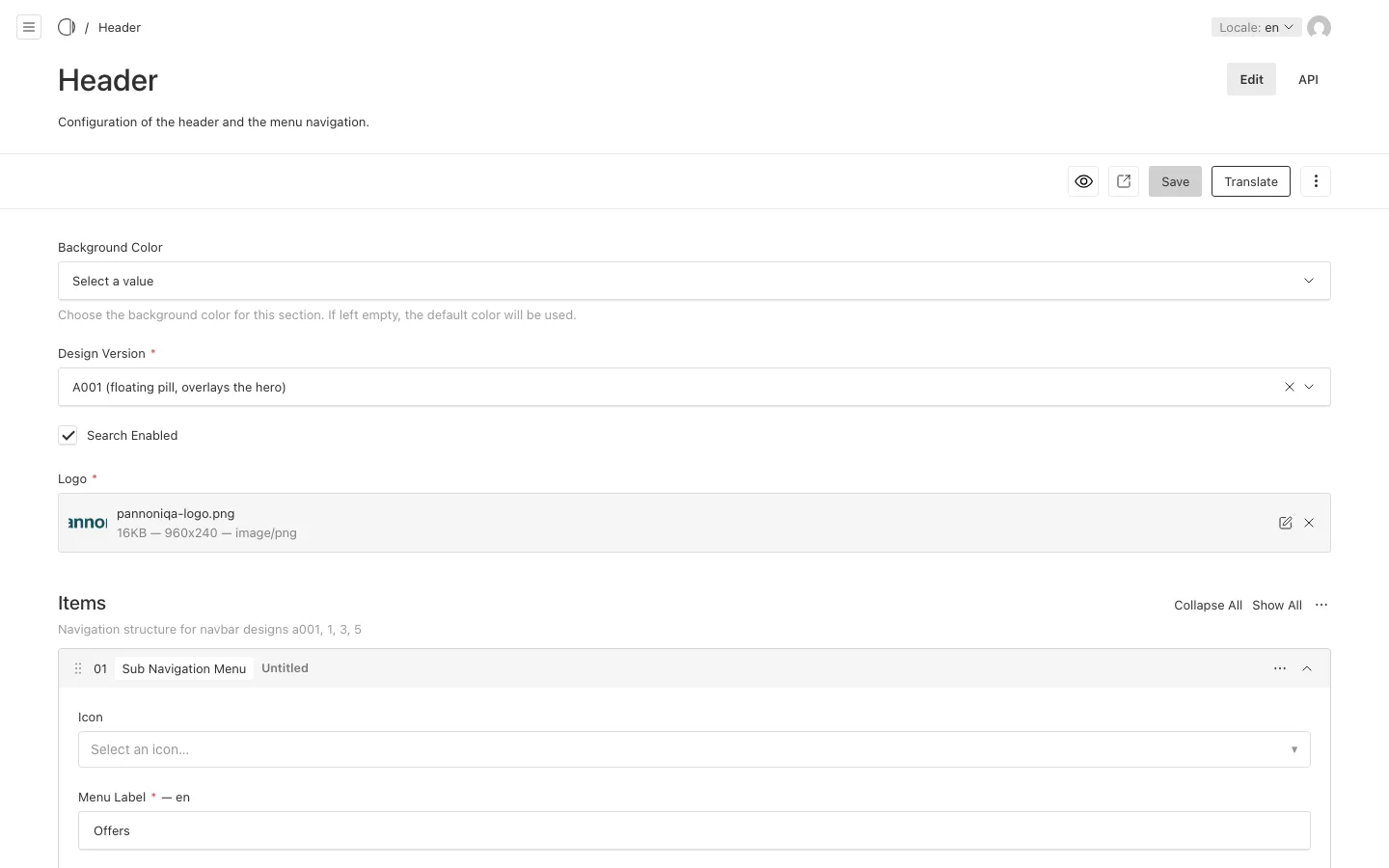 The Header settings of the Pannoniqa Portal: design version, search, logo and the first menu item Offers