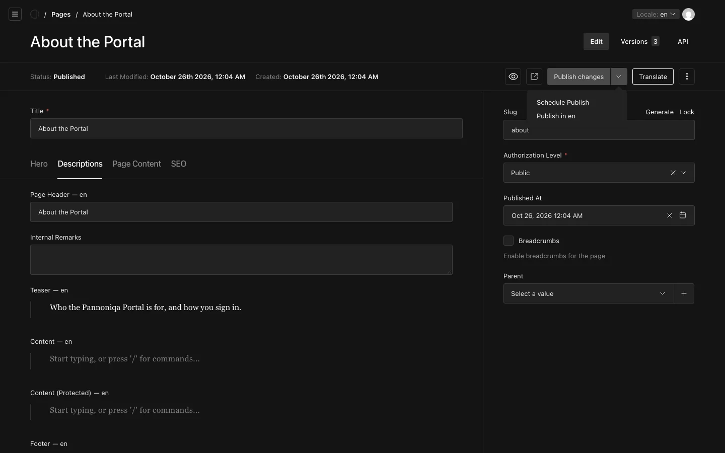 The page About the Portal with the menu beside Publish changes open, offering Schedule Publish and Publish in en