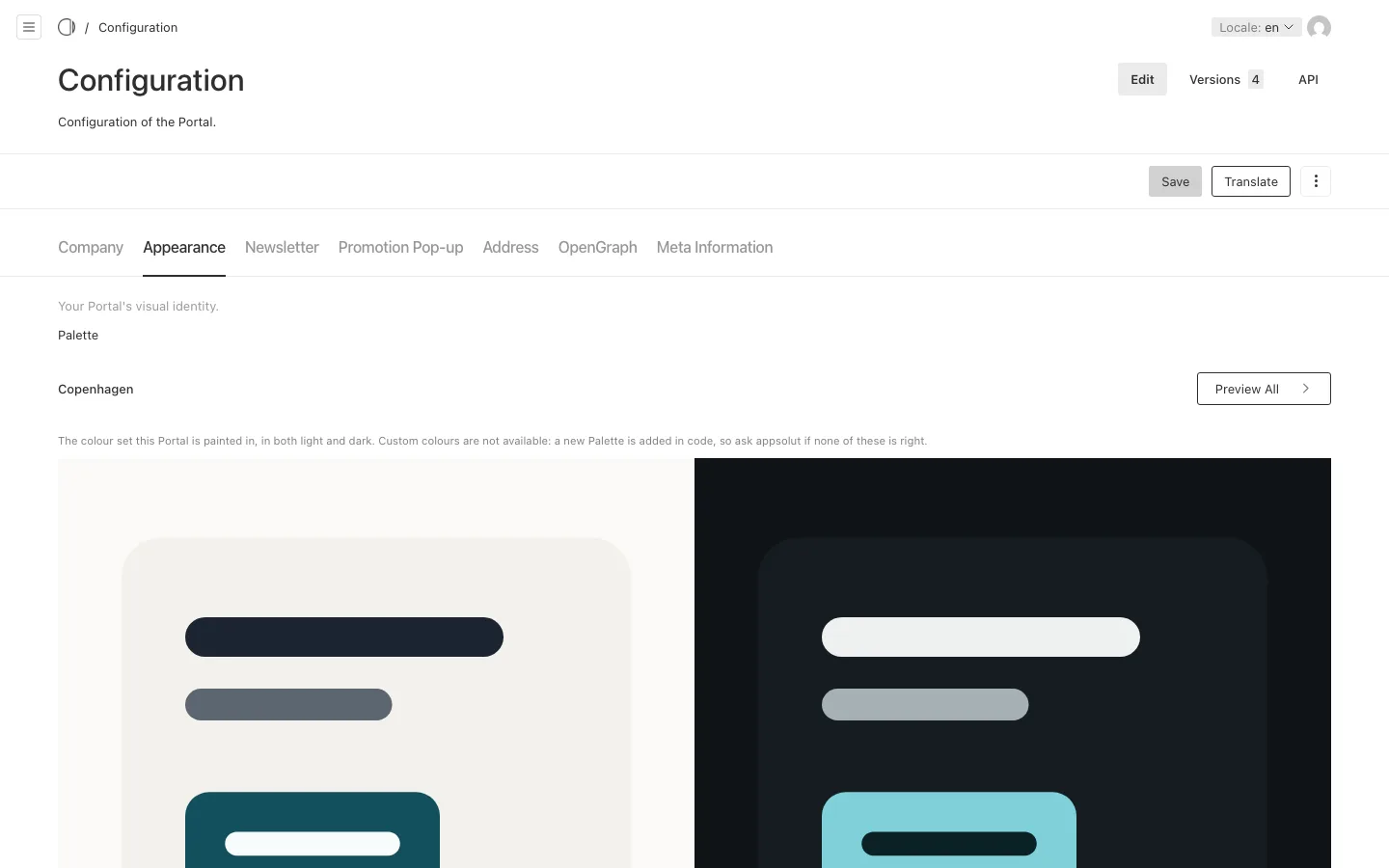 The Appearance tab of the Portal's Configuration, with the palette Copenhagen shown in light and dark