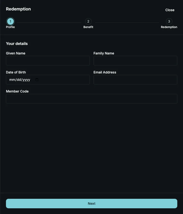 The first step of a redemption, Your details, with the steps Profile, Benefit and Redemption above it