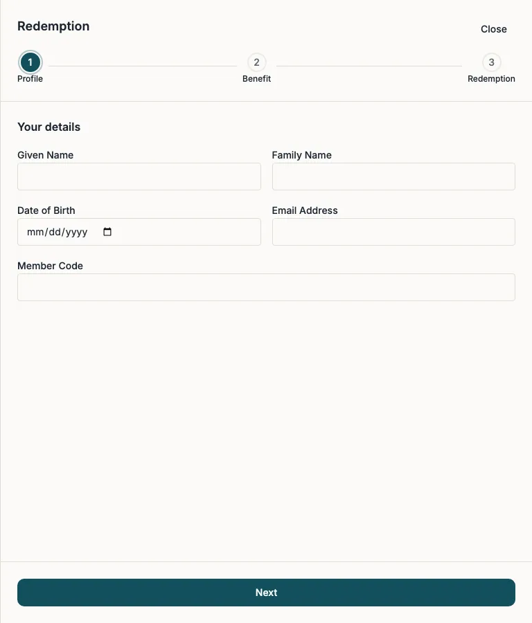 The first step of a redemption, Your details, with the steps Profile, Benefit and Redemption above it