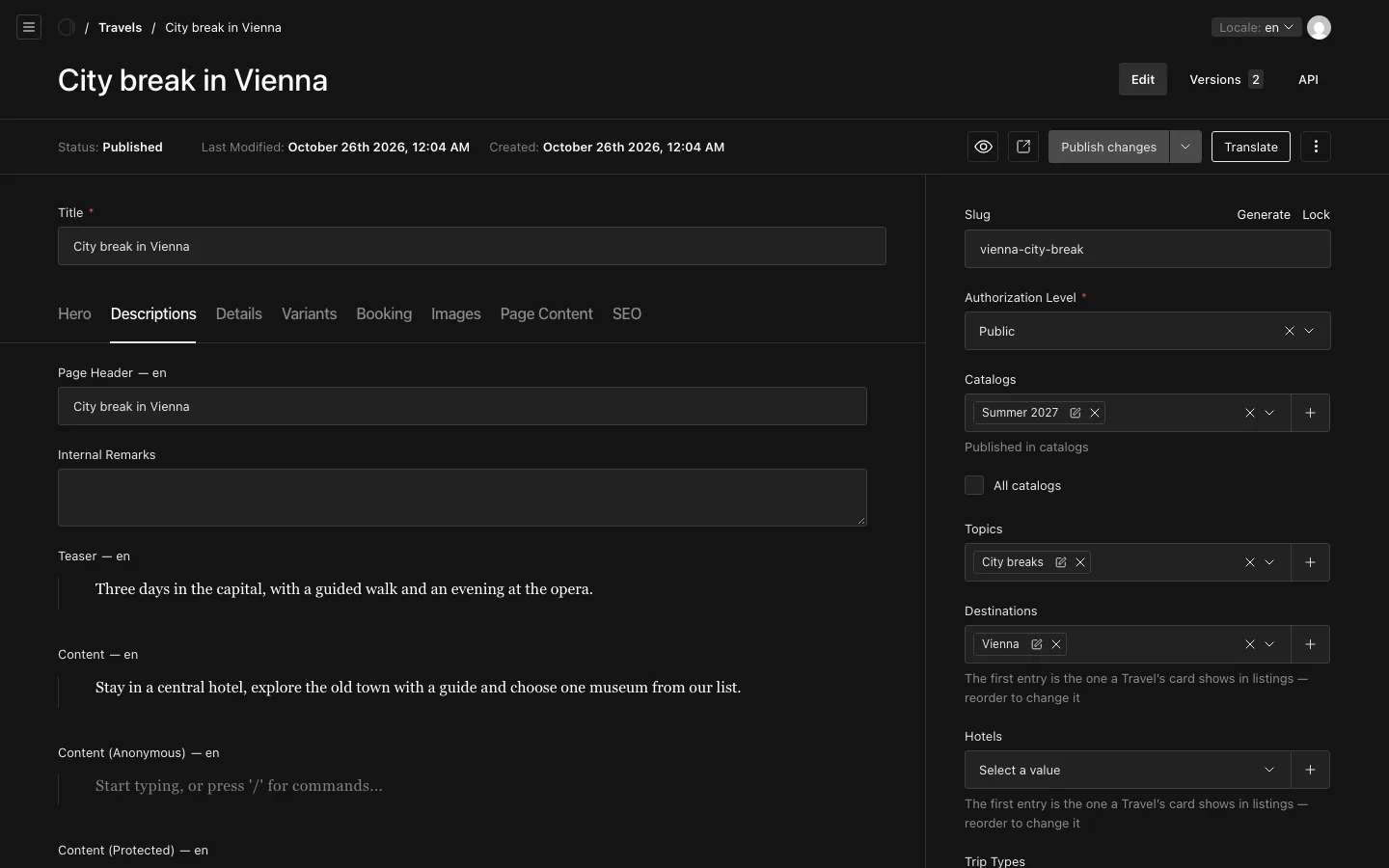 The travel City break in Vienna on its Descriptions tab, with the Locale selector at the top right and Page Header — en