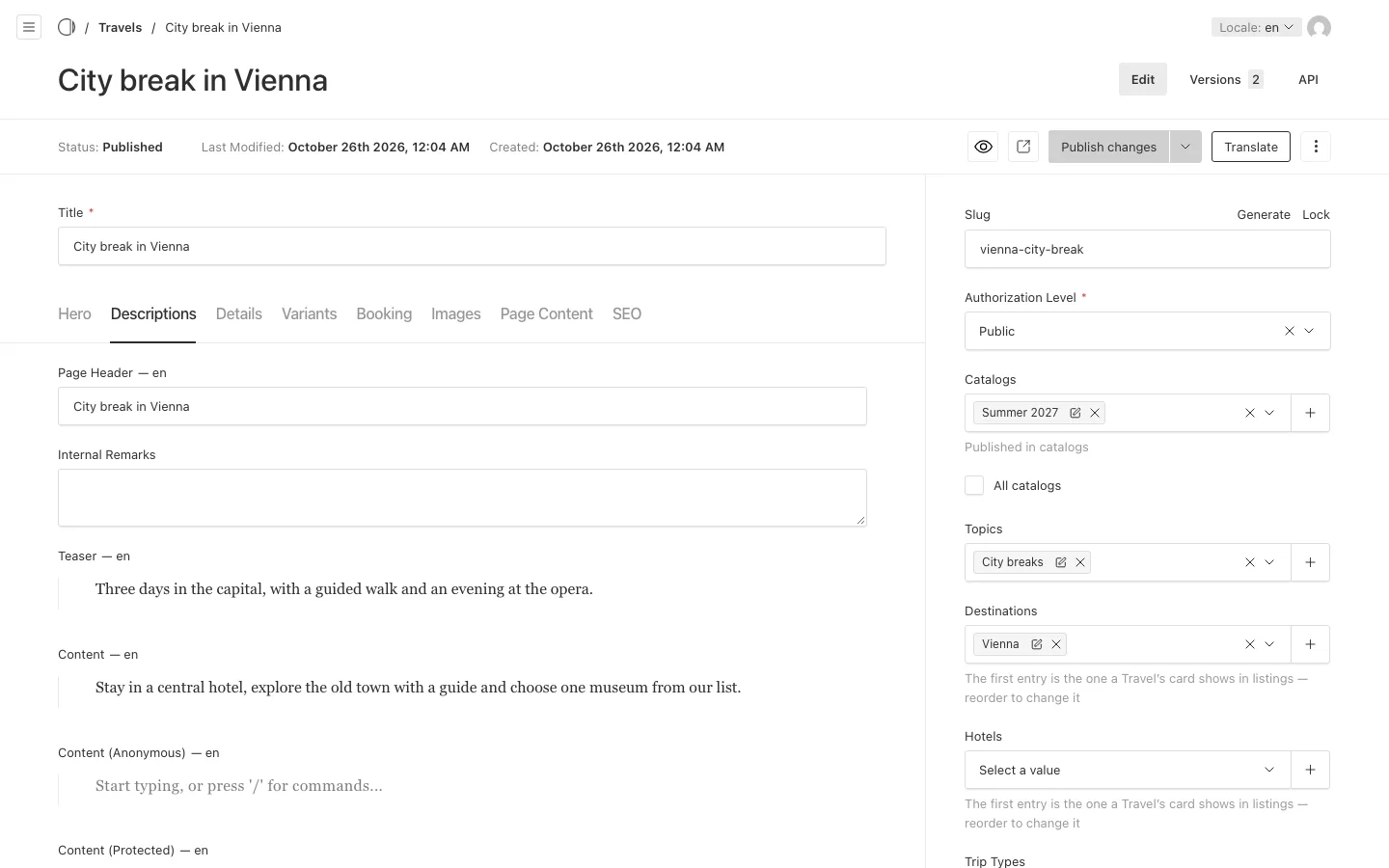 The travel City break in Vienna on its Descriptions tab, with the Locale selector at the top right and Page Header — en