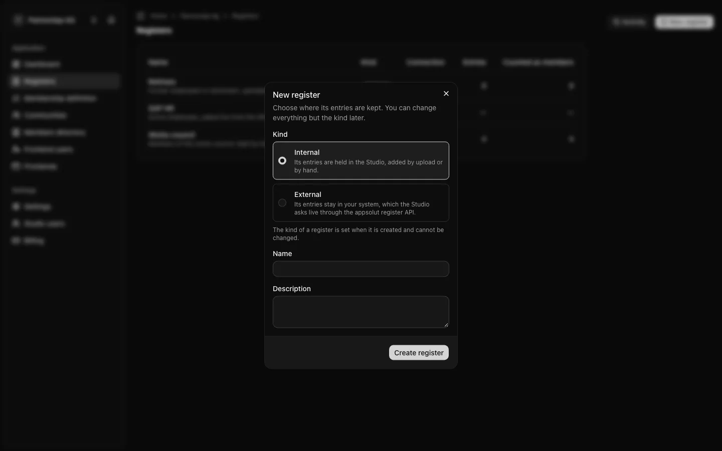 The New register dialog with the kinds Internal and External, the name and the description