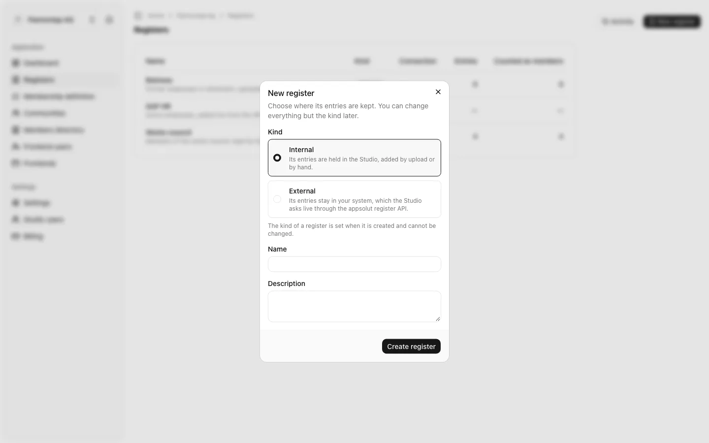 The New register dialog with the kinds Internal and External, the name and the description