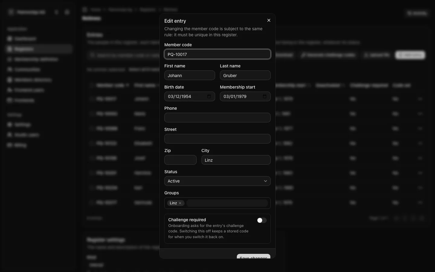 The Edit entry dialog for member code PQ-10017, Johann Gruber, with his birth date, membership start, city, status Active and group Linz