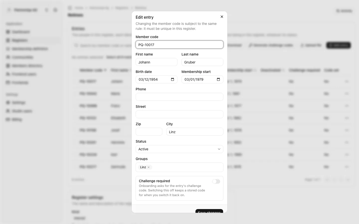 The Edit entry dialog for member code PQ-10017, Johann Gruber, with his birth date, membership start, city, status Active and group Linz