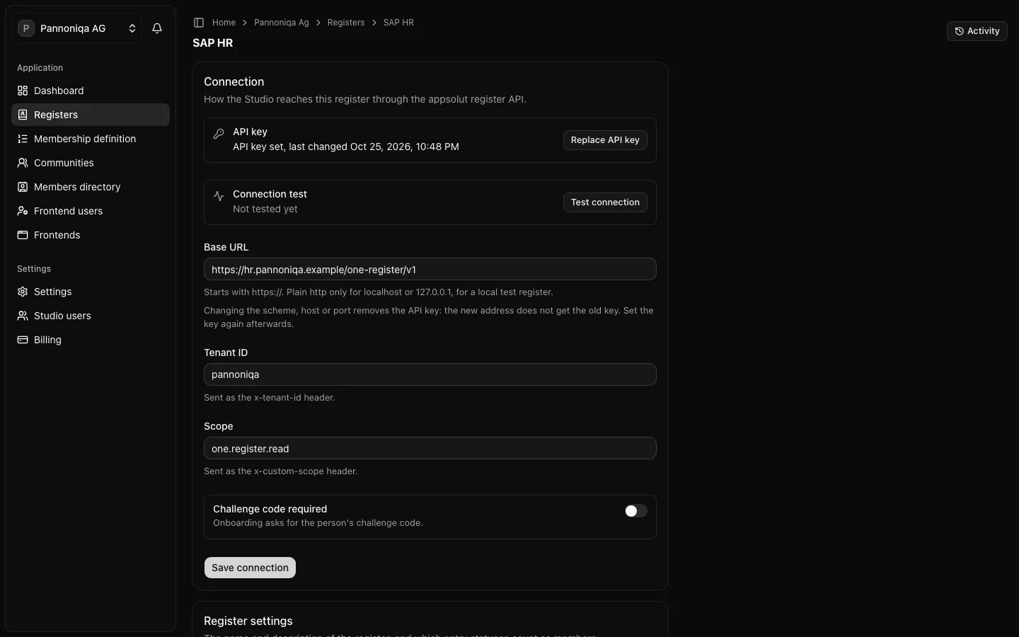 The register SAP HR with its connection: API key set, connection not tested yet, base URL, tenant ID, scope and Challenge code required