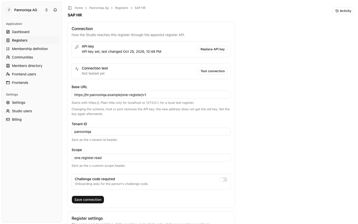 The register SAP HR with its connection: API key set, connection not tested yet, base URL, tenant ID, scope and Challenge code required
